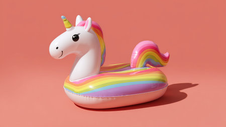 Minimalist summer scene featuring a colorful unicorn inflatable float on a pink background, clean modern style with bold simplicityの素材