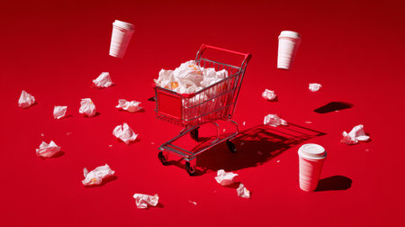 Minimalist visual of cart surrounded by scattered fast food wrappers and empty cups, bold negative space creating dramatic effectの素材