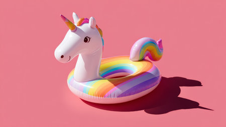 Minimalist summer scene featuring a colorful unicorn inflatable float on a pink background, clean modern style with bold simplicityの素材