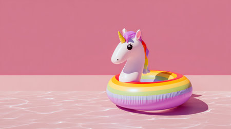 Minimalist summer scene featuring a colorful unicorn inflatable float on a pink background, clean modern style with bold simplicityの素材