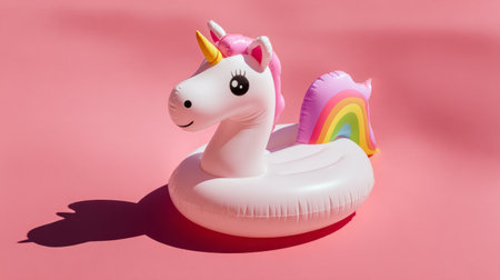 Playful unicorn pool toy placed diagonally on pink backdrop, clean negative space, contemporary minimalist style for summer brandingの素材