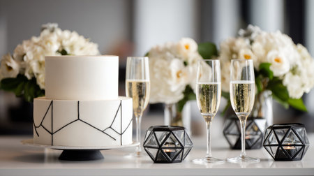 Modern celebration table with minimalist cake design, geometric champagne flutes, and monochrome decor for a chic, contemporary vibeの素材