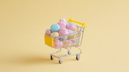Tiny grocery cart stuffed with junk food, isolated on a pastel yellow surface, clean modern design, playful yet simple summer moodの素材