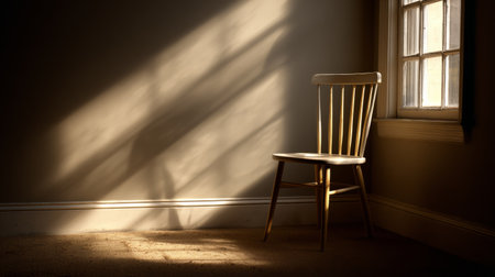 Single elegant chair by a window, sunlight streaming in casting long, delicate shadows, simple yet powerful minimalist designの素材