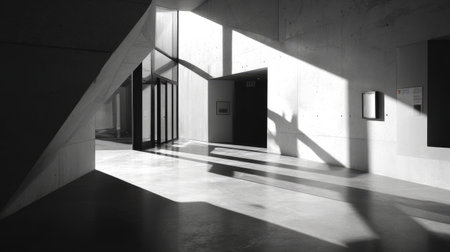 Modern architectural space with crisp lines, strong directional sunlight casting bold, geometric shadows, striking minimalist moodの素材