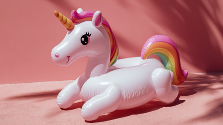 Playful unicorn pool toy placed diagonally on pink backdrop, clean negative space, contemporary minimalist style for summer brandingの素材