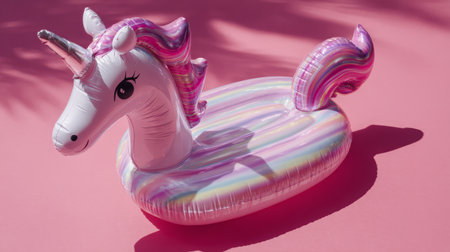 Simple flat-lay of unicorn inflatable on solid pink surface, stylish summer vibe with trendy minimal design and vibrant colorsの素材