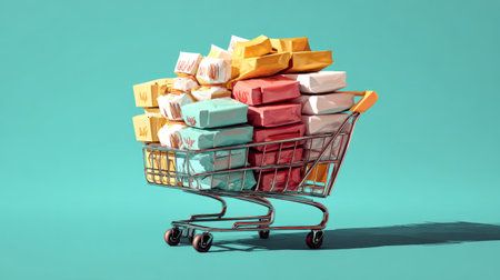 Tiny cart completely filled with fast food containers and colorful wrappers, playful minimal modern concept for branding visualsの素材