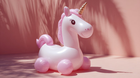 Unicorn inflatable with subtle shadow on pink backdrop, minimalist summer aesthetic focusing on fun and simplicityの素材