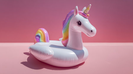 Simple flat-lay of unicorn inflatable on solid pink surface, stylish summer vibe with trendy minimal design and vibrant colorsの素材
