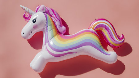 Simple flat-lay of unicorn inflatable on solid pink surface, stylish summer vibe with trendy minimal design and vibrant colorsの素材