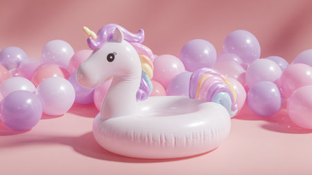 Unicorn-shaped pool toy with soft pastel tones placed on a monochrome pink backdrop, airy and playful mood, minimal summer concept designの素材