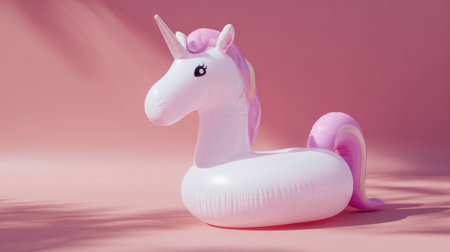 Unicorn inflatable with subtle shadow on pink backdrop, minimalist summer aesthetic focusing on fun and simplicityの素材