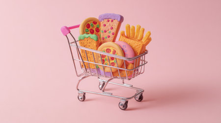 Tiny metal cart filled with colorful fast food items like pizza slices, fries, and nuggets, isolated on a plain backdrop, bold minimalist designの素材