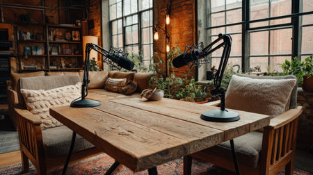 Cozy podcasting environment with wooden table, studio microphones, comfortable chairs, warm industrial loft design, creative modern workspaceの素材