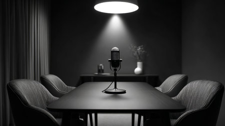 Sleek minimalist podcast space with elegant furniture, central microphone on table, natural and artificial light blendの素材