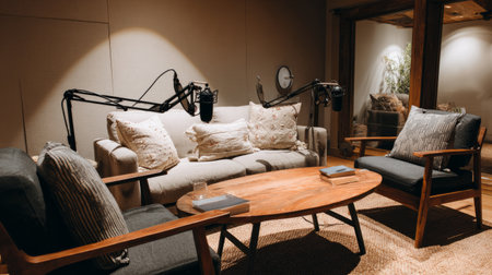 Contemporary podcasting environment with neutral tones, wooden furniture, soft lighting, premium microphones, and cozy seating areaの素材