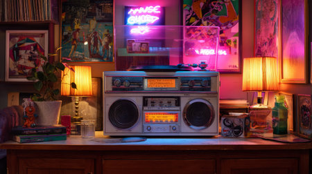 Classic retro stereo setup surrounded by colorful neon lights and retro decor, perfect for nostalgic music vibesの素材