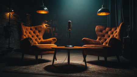 Sophisticated podcast scene with moody lighting, luxurious chairs, and professional-grade microphone at centerの素材