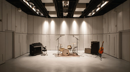 Minimalist rehearsal room with carefully placed instruments and balanced sound-reflective panelsの素材