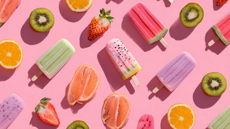 Aesthetic summer concept with vibrant popsicles on pastel pink background, playful and trendy flat lay designの素材