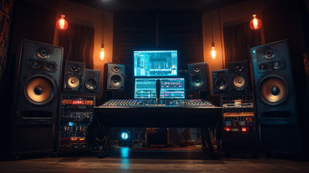 Powerful studio speakers surrounded by recording equipment, glowing lights, and visible sound mixing interface screensの素材