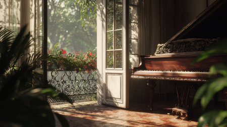 Retro piano with ornate detailing, balcony doors open to lush greenery, sunlight creating soft shadowsの素材