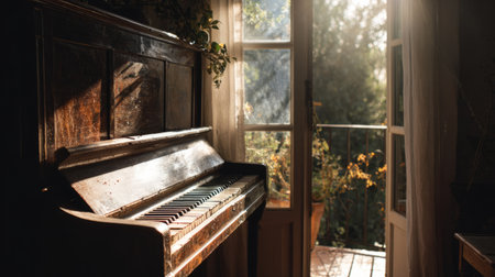 Old wooden piano next to balcony doors with sunlight streaming through, calm and peaceful indoor vibeの素材