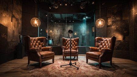 High-end podcast studio with luxurious chairs, premium central microphone, ambient lights, and elegant interior design, professional vibeの素材