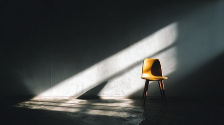 A single chair against a plain wall, sunlight streaming in dramatically, bold shadow composition, minimalist fine art vibeの素材