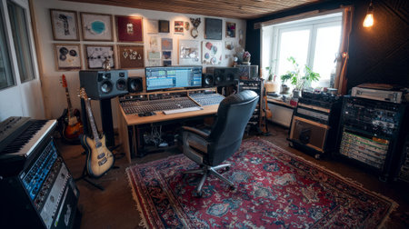 Clean organized music studio with a small mixing setup and only essential instruments on displayの素材