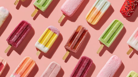 Variety of ice cream popsicles scattered over pastel pink surface, flat lay concept, playful and trendy summer vibeの素材