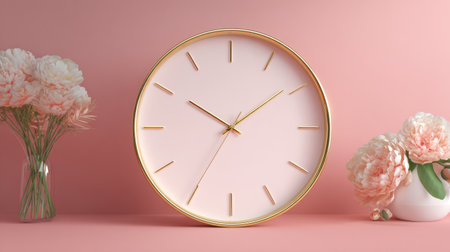 Pastel pink wall clock as centerpiece, modern clean design, symbolizing seasonal change and New Year celebrationの素材