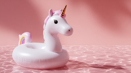 Floating unicorn toy positioned artistically against pastel pink, minimalist summer vacation mood with high-end product photography lookの素材