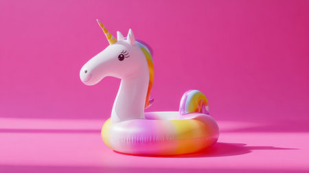 Elegant minimalist composition with unicorn float, bright colors popping against pink background, modern summer visual conceptの素材
