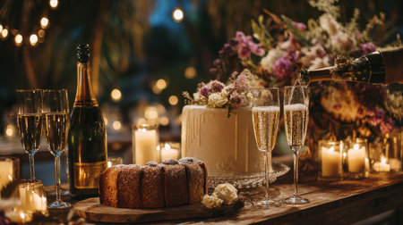 Elegant evening setup with champagne pouring beside a wedding-style cake, glowing candles, and a romantic festive moodの素材