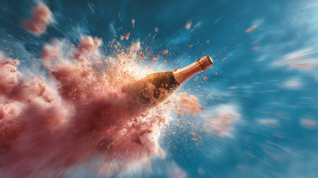 Dramatic champagne explosion mid-air with vivid spray and motion blur, celebration energy radiating under a bright, vibrant sky, cinematic styleの素材