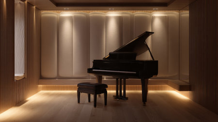 Cozy minimalist music room featuring a digital piano, soft wall panels, and subtle ambient lightの素材
