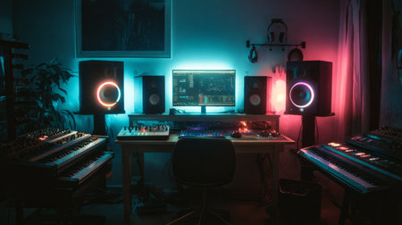 Dark and moody studio with glowing RGB lights highlighting studio monitors, synthesizers, and headphones, perfect modern producer aestheticの素材