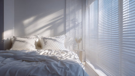 Minimalist bedroom with white linens, sunlight creating patterns through blinds, serene and refined atmosphereの素材