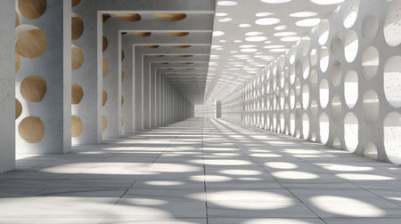 Architectural corridor with repetitive patterns, strong light and shadow rhythm, modern minimalism with artistic appealの素材