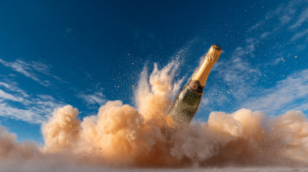 Champagne bottle bursting open with vibrant golden spray, dramatic motion against a cloudless sky, symbolizing joy, luxury, and celebration, cinematic captureの素材