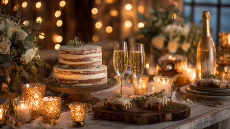 Warm and inviting celebration scene with cake and champagne, rustic decor accents, and soft lighting for a cozy, yet refined atmosphereの素材