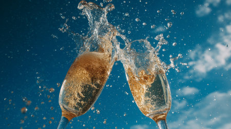 Dynamic capture of champagne pouring into flutes, energetic motion with droplets suspended mid-air, backdrop of clear blue sky and celebration vibesの素材