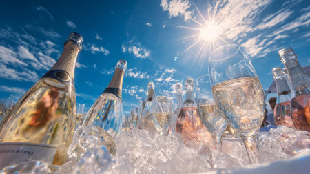 Sophisticated outdoor event with champagne bottles on ice, clear blue sky overhead, luxury party atmosphere, sunlight reflecting on crystal glassesの素材