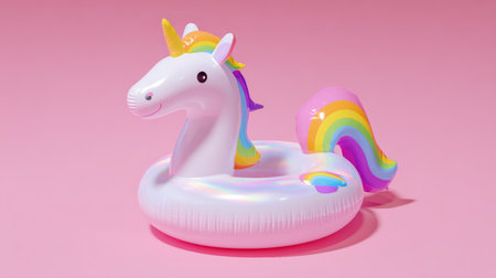 Elegant minimalist composition with unicorn float, bright colors popping against pink background, modern summer visual conceptの素材