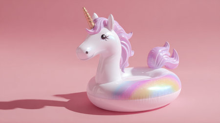 Unicorn-shaped pool toy with soft pastel tones placed on a monochrome pink backdrop, airy and playful mood, minimal summer concept designの素材