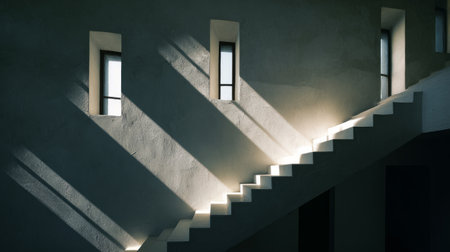 Minimalist staircase with sunlight streaming through narrow windows, striking shadow patterns creating dramatic eleganceの素材