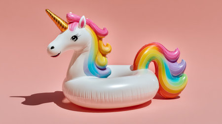 Single unicorn pool toy in vibrant colors against a pastel pink surface, fun and trendy summer minimalism with a playful and lighthearted vibeの素材
