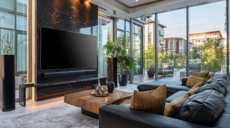 Wide-angle shot of a luxurious living room with smart TV, sound bar, stylish decor, and floor-to-ceiling windowsの素材